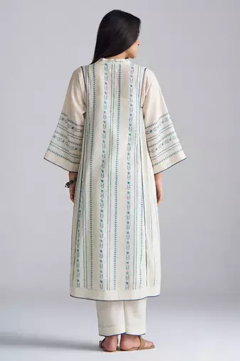 ivory & blue cotton linen co-ord set with sequin neck detailing