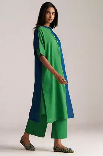 blue & green mul cotton co-ord set with half and half design