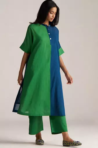 blue & green mul cotton co-ord set with half and half design