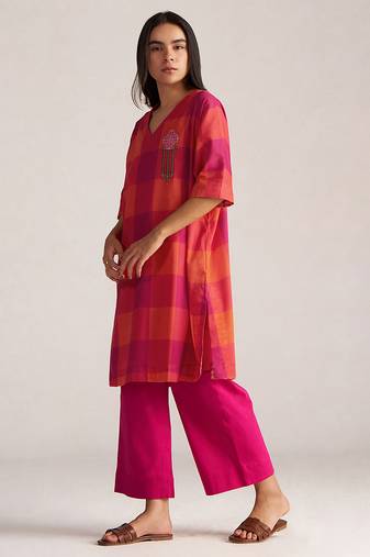 tomato & fuchsia mul cotton co-ord set with embroidered motif