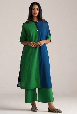 blue & green mul cotton co-ord set with half and half design 1