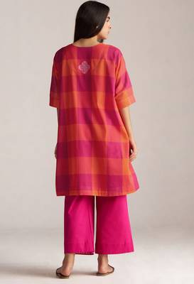 tomato & fuchsia mul cotton co-ord set with embroidered motif 2