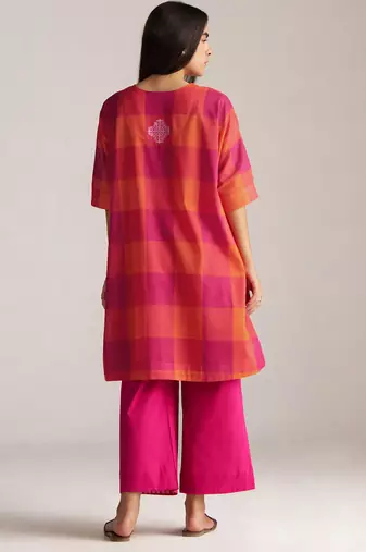 tomato & fuchsia mul cotton co-ord set with embroidered motif