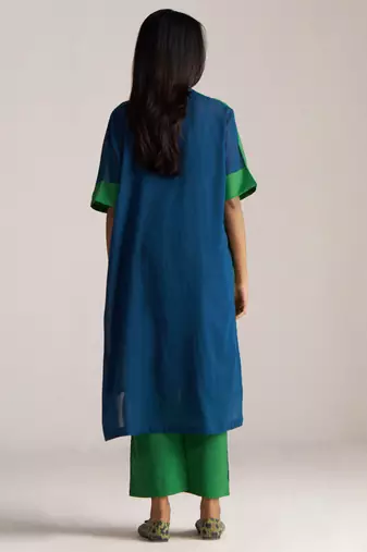 blue & green mul cotton co-ord set with half and half design