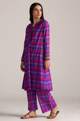 purple checkered mul cotton co-ord set with embroidered details 1