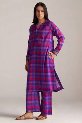 purple checkered mul cotton co-ord set with embroidered details 2