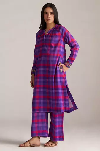 purple checkered mul cotton co-ord set with embroidered details