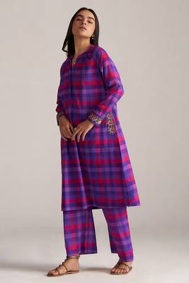 purple checkered mul cotton co-ord set with embroidered details 3