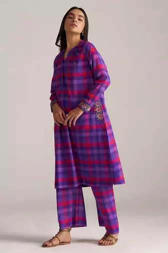 purple checkered mul cotton co-ord set with embroidered details