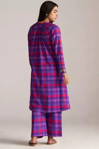 purple checkered mul cotton co-ord set with embroidered details