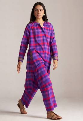 purple checkered mul cotton co-ord set with embroidered details 5