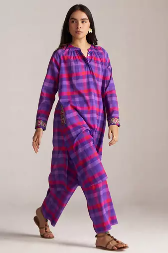 purple checkered mul cotton co-ord set with embroidered details