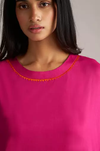 fuchsia cambric cotton kurta set with mul cotton dupatta