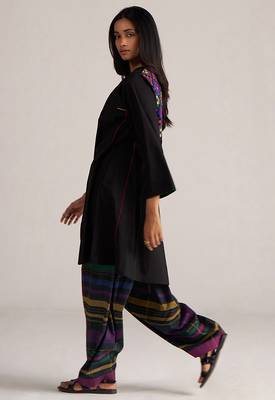 black co-ord set with multi colour checkered pants 4