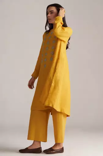 yolk yellow linen co-ord set with jamdani inspired embroidery