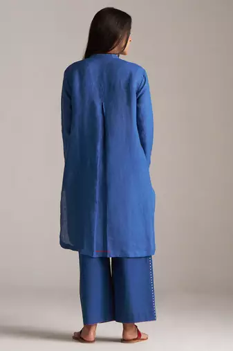 blue linen co-ord set with jamdani inspired embroidery