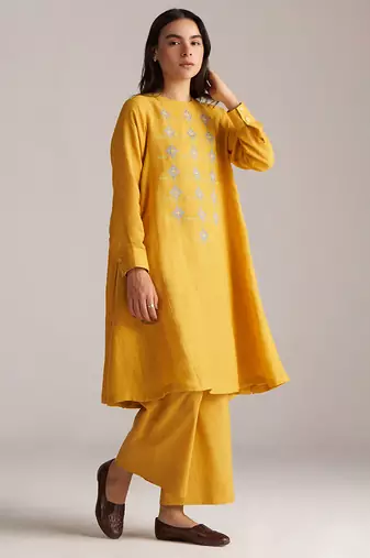 yolk yellow linen co-ord set with jamdani inspired embroidery