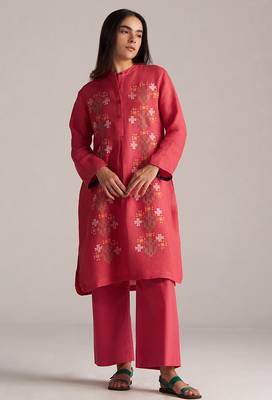 claret red linen co-ord set with jamdani inspired embroidery 2