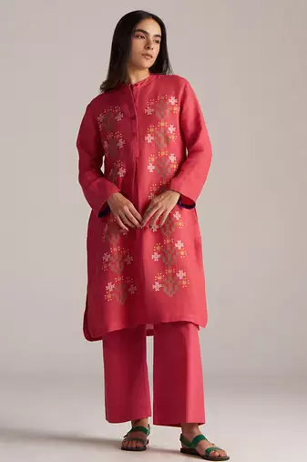 claret red linen co-ord set with jamdani inspired embroidery