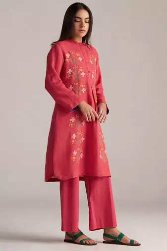 claret red linen co-ord set with jamdani inspired embroidery