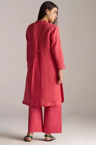 claret red linen co-ord set with jamdani inspired embroidery