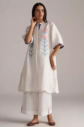 white linen co-ord set with jamdani inspired embroidery