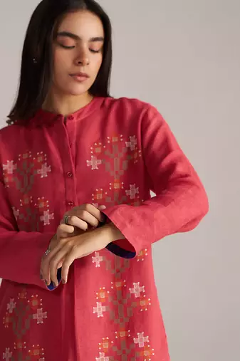claret red linen co-ord set with jamdani inspired embroidery