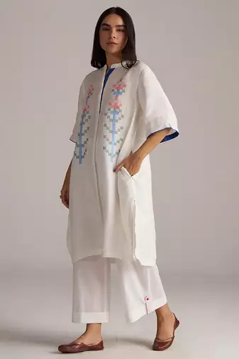 white linen co-ord set with jamdani inspired embroidery