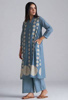 faded denim cotton linen co-ord set with printed kurta 1