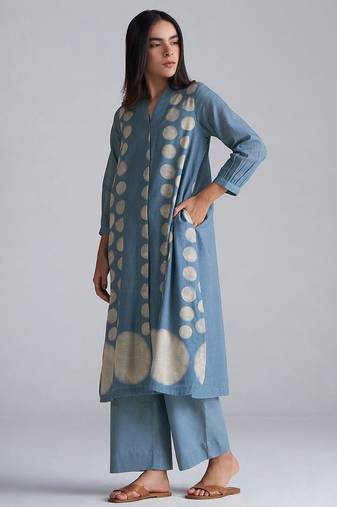 faded denim cotton linen co-ord set with printed kurta