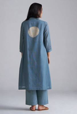 faded denim cotton linen co-ord set with printed kurta 2