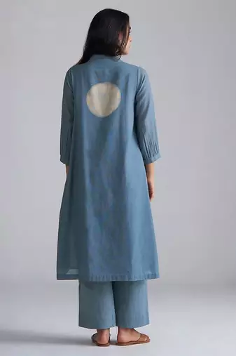 faded denim cotton linen co-ord set with printed kurta