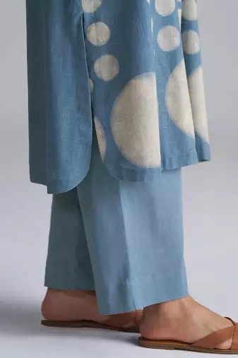faded denim cotton linen co-ord set with printed kurta