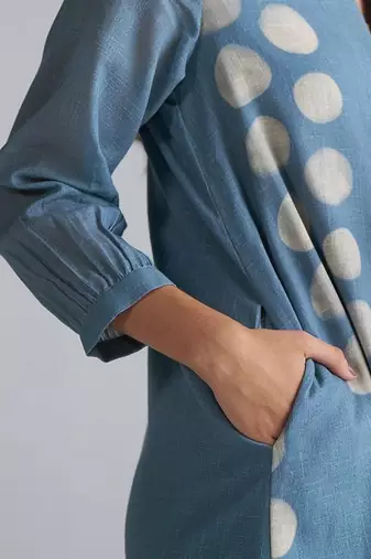 faded denim cotton linen co-ord set with printed kurta