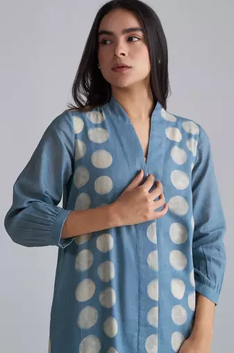 faded denim cotton linen co-ord set with printed kurta