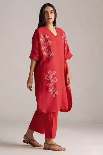red linen co-ord set with jamdani inspired embroidery