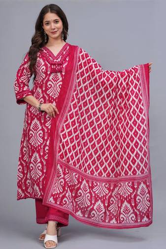 Noor Startup Women's Rayon Printed Lace Work Ethnic A Line Pink Suit Set (Kurti, Pant & Dupatta Set)