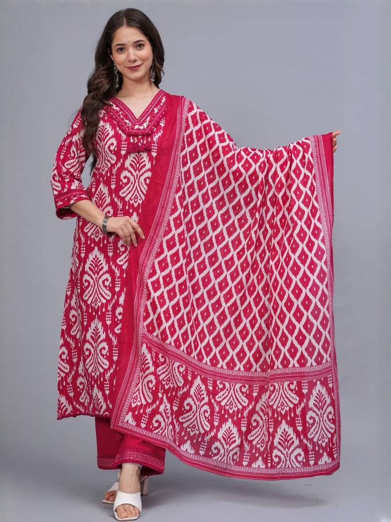 red printed kurta set with dupatta
