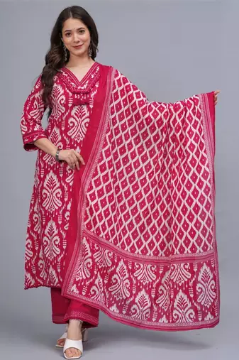 Noor Startup Women's Rayon Printed Lace Work Ethnic A Line Pink Suit Set (Kurti, Pant & Dupatta Set)