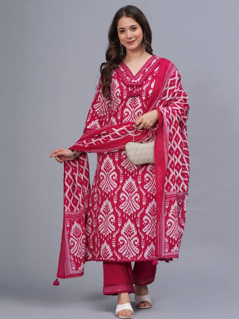 red printed kurta set with dupatta
