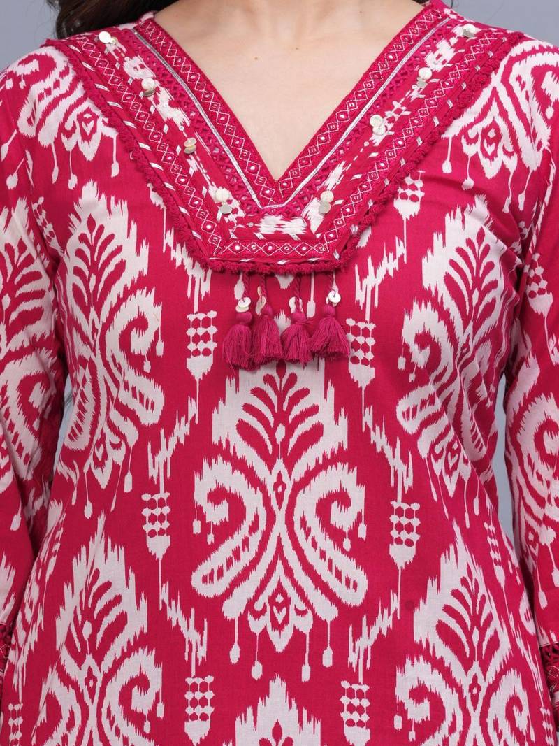 red printed kurta set with dupatta