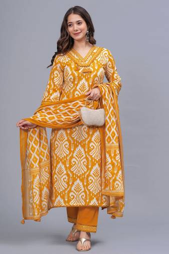 mustard yellow printed kurta set with dupatta