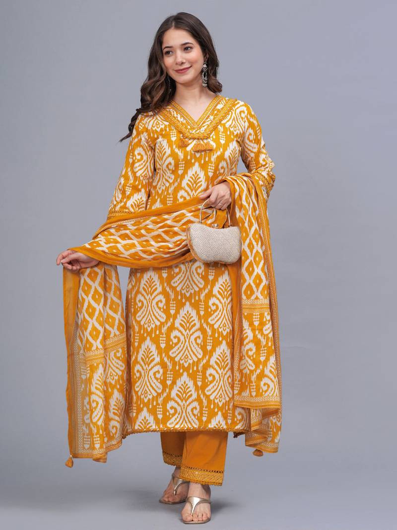 mustard yellow printed kurta set with dupatta