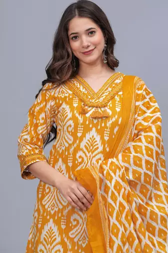 mustard yellow printed kurta set with dupatta