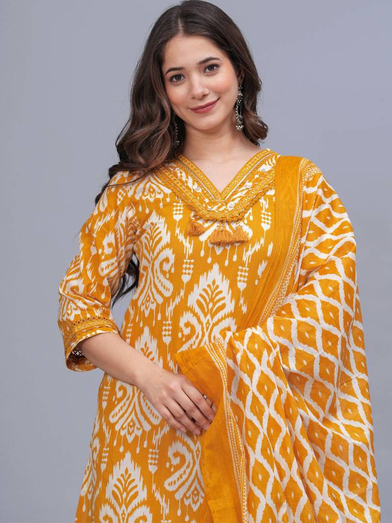 mustard yellow printed kurta set with dupatta