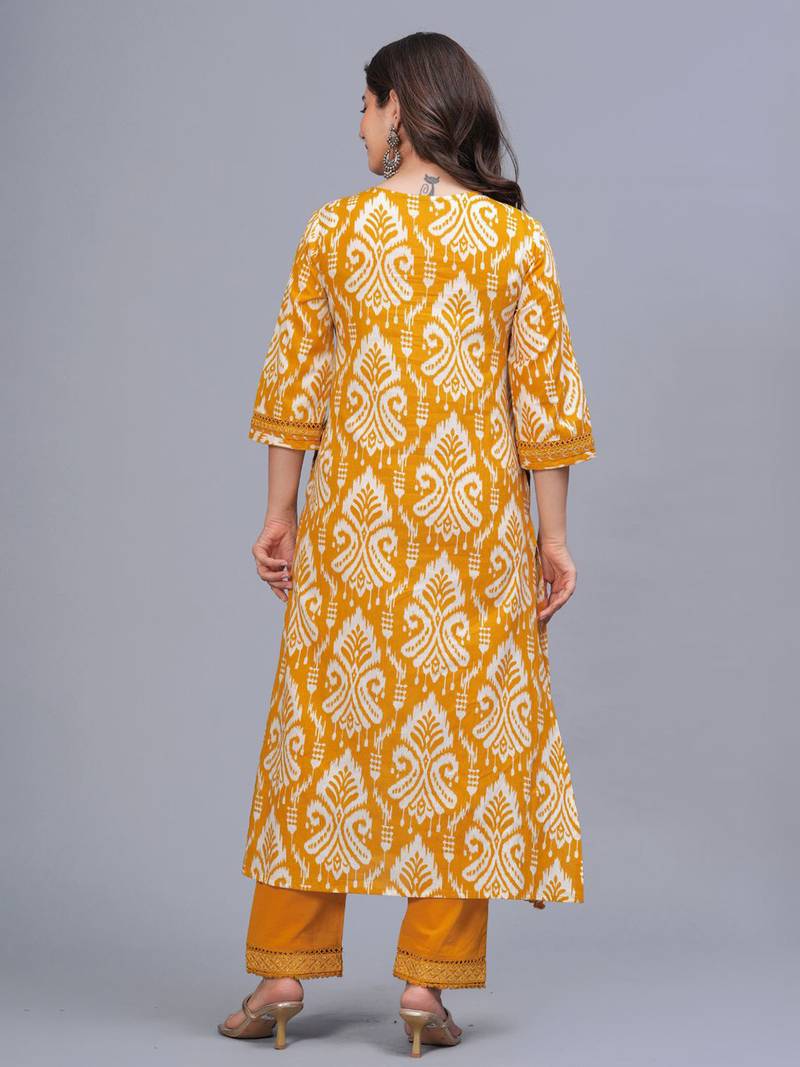 mustard yellow printed kurta set with dupatta