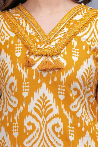mustard yellow printed kurta set with dupatta