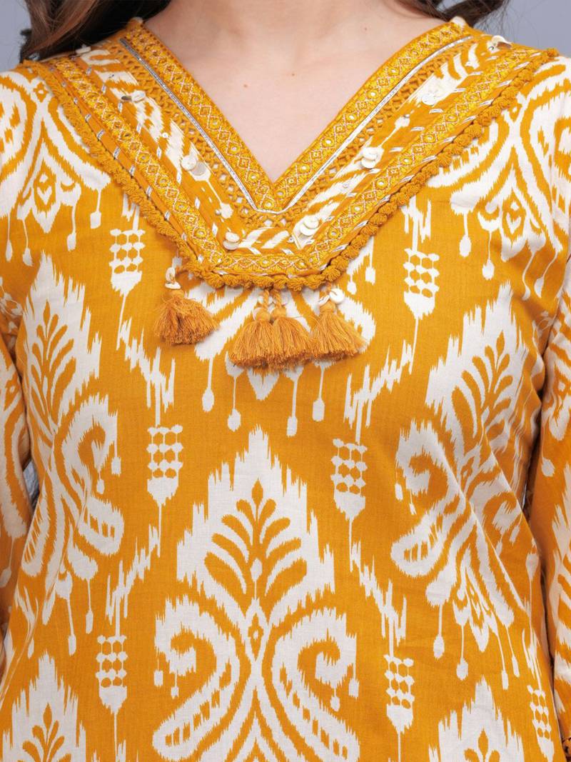 mustard yellow printed kurta set with dupatta