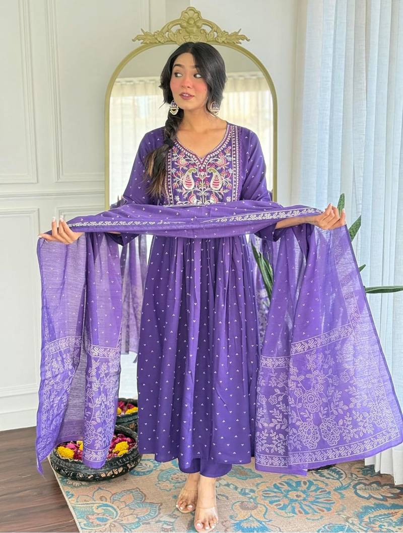 purple rayon embroidered anarkali suit with dupatta