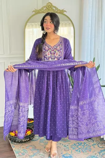 Noor Startup Women's Rayon Printed Designer Ethnic Embroidered Anarkali Purple Set With Pant & Dupatta Set
